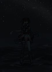  0uteki_77to 1girl absurdres black_hair black_skirt black_thighhighs dark double_bun full_body gauntlets gloves glowing glowing_eyes hair_bun highres kantai_collection neckerchief night pleated_skirt rigging scarf school_uniform searchlight sendai_(kancolle) sendai_kai_ni_(kancolle) serafuku single_thighhigh skirt solo standing star_(sky) thigh-highs two_side_up 