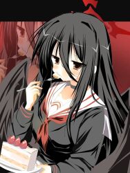 1girl black_choker black_gloves black_hair black_panties black_serafuku black_shirt black_skirt black_wings blackletter blue_archive breasts cake chibuny1 choker closed_mouth eating feathered_wings floating_hair food fork full_body gloves hair_between_eyes half-closed_eyes half_gloves halo hand_up hasumi_(blue_archive) high_heels highres holding holding_cake holding_food holding_fork large_breasts long_hair long_hair_between_eyes long_sleeves mature_female neckerchief oversized_wings pale_skin panties red_eyes red_halo red_neckerchief red_trim sailor_collar school_uniform serafuku shirt skirt solo underwear very_long_hair white_sailor_collar wings 