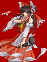  1girl artist_request ascot between_fingers bow brown_eyes brown_hair chinese_commentary closed_mouth commentary_request commission detached_sleeves frilled_bow frilled_hair_tubes frills gohei hair_bow hair_tubes hakurei_reimu highres holding holding_gohei holding_ofuda long_hair looking_at_viewer ofuda ofuda_between_fingers pleated_skirt red_background red_bow red_skirt ribbon-trimmed_skirt ribbon-trimmed_sleeves ribbon_trim second-party_source shaded_face simple_background skirt skirt_set solo touhou yellow_ascot 