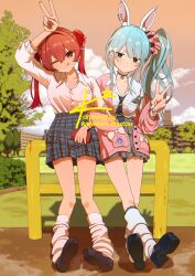 2girls absurdres against_railing animal_ear_piercing animal_ears arm_up artist_name black_necktie black_shoes blue_hair breast_pocket cardigan cellphone choker closed_mouth collared_shirt commentary_request dress_shirt evening extra_ears full_body grey_skirt gyaru hair_ribbon hand_in_pocket hand_up highres holding holding_phone hololive houshou_marine kawahira_kouzou leaning locked_arms long_hair long_sleeves looking_at_viewer loose_socks miniskirt multiple_girls nail_polish necktie one_eye_closed open_cardigan open_clothes orange_eyes outdoors park phone phone_in_pocket pink_cardigan pink_nails plaid_clothes plaid_skirt pocket rabbit-shaped_pupils rabbit_ears rabbit_girl railing red_eyes red_hair red_ribbon ribbon school_uniform shirt shoes short_eyebrows side_ponytail skirt smartphone smile socks symbol-shaped_pupils thick_eyebrows tongue tongue_out tree twintails usada_pekora v virtual_youtuber watermark white_nails white_shirt white_socks 