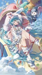  1girl absurdres animal_ear_headwear animal_ears animal_hands animal_hat animal_hood aqua_eyes aqua_hair arm_up ball balloon blue_bow blue_sky blush boots bow cape cat clouds commentary dress english_commentary fang flower_balloon frills fur_gloves gloves hair_between_eyes hair_ornament hat hatsune_miku heart heart_balloon highres hood knees_up long_hair looking_at_viewer lying midoo multicolored_bow nyan_cat on_back open_mouth panda paw_gloves paw_pose platform_boots rabbit_ears rabbit_hat rabbit_paws rainbow rainbow_ribbon red_bow red_ribbon restriction_sign ribbon signature skin_fang sky sleeveless sleeveless_dress smile socks star_(symbol) star_balloon sun_balloon sun_symbol twintails twitter_username very_long_hair vocaloid white_boots white_dress white_gloves white_hat white_socks yellow_bow 