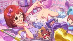  :3 ;3 balloon bespectacled blue_socks card_commentary character_doll character_name commentary_request doll game_asset glasses gyaru_v heart_balloon idolmaster idolmaster_million_live! idolmaster_million_live!_theater_days in_shopping_cart indoors jacket looking_at_viewer loose_socks nonohara_akane official_alternate_costume one_eye_closed purple_jacket purple_shoes red_eyes red_hair round_eyewear shoes shopping_cart sitting socks stuffed_animal stuffed_cat stuffed_toy third-party_source v 
