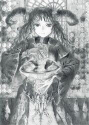  1girl abe_yoshitoshi board_game bracelet closed_mouth commentary_request cowboy_shot curled_horns go_(board_game) graphite_(medium) greyscale hand_up horn_ornament horns jewelry long_hair long_sleeves looking_at_object looking_down monochrome object_floating_above_hand original refraction robe signature solo tassel traditional_media wavy_hair wide_sleeves 