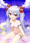  1girl :d absurdres anchor armband azur_lane ball beachball bikini blush bow bow_bikini chain clouds cloudy_sky commentary_request day eyebrows_visible_through_hair fang flat_chest hair_ornament highres long_hair looking_at_viewer manjuu_(azur_lane) navel outdoors pg_(pege544) red_eyes silver_hair sitting skindentation sky smile swimsuit thigh_strap twintails vampire_(azur_lane) wariza white_bikini 