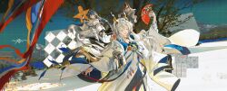  3girls absurdres arknights bare_shoulders black_hair blonde_hair blue_eyes blue_hair blue_horns chinese_commentary closed_eyes commentary_request commission dancing dragon_girl dragon_horns dress earrings eastern_dragon_horns grey_hair hair_between_eyes hair_intakes hand_fan highres holding holding_fan holding_kite horns ibara_dance in_tree incredibly_absurdres jacket jewelry jie_(arknights) kite ling_(arknights) long_hair long_sleeves looking_to_the_side multicolored_hair multiple_girls necklace off_shoulder open_mouth pointy_ears red_fan short_hair shu_(arknights) sitting sitting_in_tree smile snow standing tail tree white_dress white_hair yellow_horns 