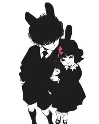  1boy 1girl animal_ears animal_hospital_(roblox) arm_hug black_dress black_eyes black_hair black_shorts black_sweater bow brother_and_sister bul_jelly commentary_request dress hair_bow hands_in_pockets humanization korean_commentary pink_bow ratthew_(animal_hospital) rattina_(animal_hospital) roblox short_hair shorts siblings simple_background standing sweater white_background 