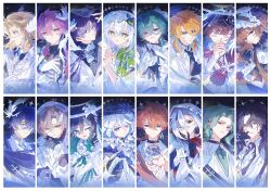  5girls absurdres adjusting_eyewear albedo_(genshin_impact) alternate_costume angel_wings antenna_hair aqua_eyes aqua_hair arlecchino_(genshin_impact) arm_bow ascot asymmetrical_bangs bandaged_wrist bandages belt belt_buckle birthmark bishounen black_belt black_choker black_gloves black_hands black_necktie black_shirt black_sleeves blonde_hair blue_bow blue_eyes blue_ribbon blunt_bangs blunt_ends blunt_tresses border bow bowtie braid bridal_veil bright_pupils brooch brown_bow brown_hair brown_hairband buckle chain chinese_knot choker closed_mouth coat collared_shirt colored_extremities columbina_(genshin_impact) column_lineup commentary contemporary cracked_skin cross cross-shaped_pupils cross_brooch cross_earrings cross_hair_ornament cross_print cross_scar cross_tie crossed_bangs curly_ends curtained_hair dagger diamond-shaped_pupils diamond_(shape) dottore_(genshin_impact) dress dress_shirt drop-shaped_pupils durin_(genshin_impact) ear_piercing earrings eyelashes facing_down feathers fingernails flins_(genshin_impact) flower formal_clothes frilled_hairband frilled_sleeves frills furina_(genshin_impact) gears gem genshin_impact glint gloves gold_earrings gradient_hair green_bow green_bowtie green_eyes green_hair green_sweater grey_eyes hair_between_eyes hair_flower hair_ornament hair_over_one_eye hair_ribbon hairband halo hand_up hands_up hat hat_ribbon heterochromia highres holding holding_dagger holding_knife holding_weapon hood hood_up hooded_coat illuga_(genshin_impact) index_finger_raised japanese_clothes jellyfish_cut jewelry kimono knife lapels layered_shirt layered_sleeves lohen_(genshin_impact) long_bangs long_sleeves looking_at_viewer looking_to_the_side makisa_(wim) multicolored_hair multiple_boys multiple_girls nahida_(genshin_impact) neck_ruff necktie offering_hand one_eye_closed open_collar open_hand orange_eyes own_hands_clasped own_hands_together pantalone_(genshin_impact) parted_lips piercing purple_cross_tie purple_gem purple_gloves purple_hair red_bow red_bowtie red_eyes red_hair red_hood red_pupils red_scarf ribbed_sleeves ribbed_sweater ribbon ribs round_eyewear sandrone_(genshin_impact) scar scar_on_face scaramouche_(genshin_impact) scarf see-through_clothes see-through_veil serrated_knife shirt short_hair short_hair_with_long_locks sidelocks spiked_ear_piercing spiked_halo stole streaked_hair sweater symbol-shaped_pupils syringe_earrings tartaglia_(genshin_impact) tress_ribbon trilby tsurime turtleneck turtleneck_shirt turtleneck_sweater twin_braids two-sided_fabric two-sided_gloves two-sided_hood undershirt untranslatable_commentary v-neck varka_(genshin_impact) veil venti_(genshin_impact) violet_eyes wavy_hair weapon white_ascot white_belt white_border white_bow white_bowtie white_coat white_dress white_feathers white_flower white_gloves white_halo white_hood white_kimono white_mouth white_pupils white_ribbon white_shirt white_sleeves white_sweater white_veil white_wings wing_collar wing_hair_ornament wing_ornament wings wrist_belt wrist_wrap x-shaped_pupils yellow_eyes 