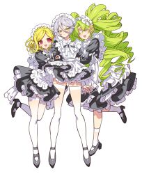  3girls :d apron black_shoes blonde_hair braid closed_eyes closed_mouth colored_eyelashes crown_braid dress enmaided falulu falulu_(awakened) forehead_jewel frilled_apron frills full_body green_eyes green_hair grey_hair hair_between_eyes headphones highres hug juliet_sleeves long_hair long_sleeves looking_at_viewer maid maid_apron meremero midorikaze_fuwari multiple_girls neck_ribbon open_mouth parted_bangs pretty_series pripara puffy_sleeves ribbon shikyoin_hibiki shoes short_dress short_hair smile standing standing_on_one_leg thigh-highs twintails very_long_hair white_apron white_background white_ribbon white_thighhighs 