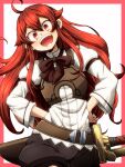  1girl ahoge aono3 blush eris_greyrat eyebrows_visible_through_hair hands_on_hips highres long_hair long_sleeves looking_at_viewer mushoku_tensei open_mouth red_eyes redhead smile solo teeth 