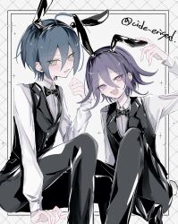  2boys absurdres animal_ears arm_support arm_up black_bow black_bowtie black_pants black_vest blue_hair border bow bowtie chestnut_mouth collared_shirt commentary_request danganronpa_(series) danganronpa_v3:_killing_harmony fake_animal_ears feet_out_of_frame flipped_hair green_eyes haizai_(cide_erised) hand_up highres long_sleeves looking_at_viewer male_focus multiple_boys oma_kokichi open_mouth pants purple_hair rabbit_ears saihara_shuichi shiny_clothes shirt simple_background smile sparkle twitter_username vest violet_eyes white_background white_shirt 
