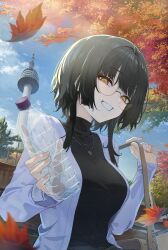  1girl bag black_hair black_shirt blue_cardigan blunt_bangs bottle cardigan hair_intakes highres holding holding_bottle holding_strap jewelry leaf long_sleeves looking_at_viewer maple_leaf maple_tree necklace original park real_world_location round_eyewear seoul_tower shirt short_hair shoulder_bag smile tokyo_tower tree turtleneck turtleneck_shirt undershirt upper_body vikpie water_bottle yellow_eyes 