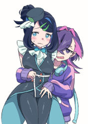  2girls absurdres black_hair blue_eyes blue_hair blush bow bowtie breasts closed_mouth commentary_request cowlick dot_(pokemon) eyelashes hair_ornament hair_over_one_eye hairclip highres holding jacket liko_(pokemon) long_sleeves multicolored_hair multiple_girls open_mouth panties pants pink_hair plus_ta pokemon pokemon_(anime) pokemon_horizons purple_hair shirt short_sleeves sweatdrop two-tone_hair underwear vest violet_eyes white_shirt 