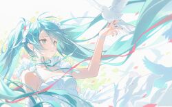  1girl absurdres aqua_eyes aqua_hair bird breasts choker commentary detached_sleeves dove dress english_commentary falling_petals floating_hair hand_up hatsune_miku highres long_hair medium_breasts midori_fufu parted_lips petals single_detached_sleeve sleeveless sleeveless_dress solo twintails very_long_hair vocaloid white_choker white_dress white_sleeves 