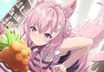  1girl animal_ear_fluff animal_ears antenna_hair arm_support bangs bare_arms bent_over blush bowsan braid braided_bun breasts closed_mouth collared_shirt commentary_request coyote_girl coyote_tail crown_braid double_bun dutch_angle food fruit hair_ornament hakui_koyori highres hololive indoors long_hair looking_at_food medium_breasts necktie pink_hair pink_necktie shirt solo sweatdrop tail tail_raised violet_eyes virtual_youtuber white_shirt 