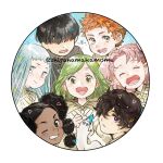  2boys 5girls :d ^_^ ^o^ agate_(tongari_boushi_no_atelier) aqua_eyes aqua_hair bangs black_hair blue_eyes blue_hair blunt_bangs bob_cut border brushbug child circle clenched_hands closed_eyes coco_(tongari_boushi_no_atelier) covered_eyes creature curly_hair dark-skinned_female dark_skin dot_nose eunie_(tongari_boushi_no_atelier) everyone expressionless eyebrows_behind_hair facing_viewer floating_hair from_side green_eyes green_hair grin hair_behind_ear hair_over_eyes hair_over_one_eye hands_up happy jujy_(tongari_boushi_no_atelier) light_blue_eyes light_blue_hair light_green_hair light_smile long_hair long_sleeves looking_to_the_side lower_teeth multi-tied_hair multiple_boys multiple_girls official_art one_eye_closed one_eye_covered open_mouth orange_hair parted_bangs parted_hair parted_lips pink_hair portrait reverse_trap riche_(tongari_boushi_no_atelier) round_image round_teeth shiny shiny_hair shirahama_kamome short_bangs short_hair signature smile straight-on straight_hair swept_bangs tareme tartah_(tongari_boushi_no_atelier) teeth tethia_(tongari_boushi_no_atelier) tongari_boushi_no_atelier tongue transparent_border twintails twitter_username two_side_up upper_body violet_eyes wavy_hair 