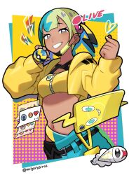  bandeau black_mask blonde_hair blue_hair canari_(pokemon) criss-cross_straps eel emoji jacket livestream mask midriff mouth_mask mr.thunderigor multicolored_hair navel pants phone poke_ball pokemon pokemon_(creature) pokemon_legends:_z-a polka_dot polka_dot_background quick_ball rotom rotom_phone smile split-color_clothes split-color_hair sports_bra teeth text_messaging two-tone_mask two-tone_pants tynamo yellow_bandeau yellow_jacket yellow_mask yellow_sports_bra 