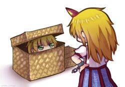  2girls blonde_hair blue_skirt blush box commentary_request green_eyes hands_on_own_hips horns hoshiguma_yuugi in_box in_container long_hair mizuhashi_parsee multiple_girls one-hour_drawing_challenge shirt short_sleeves single_horn skirt touhou unime_seaflower white_background white_shirt wrist_cuffs 
