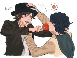 2boys animification arm_up black_hair black_hat brown_hair commentary_request cropped_torso fedora food food_in_mouth hands_up hat hidari_shoutarou highres holding holding_food jewelry kamen_rider kamen_rider_w long_sleeves looking_at_another male_focus multiple_boys open_mouth philip_(kamen_rider) ring short_hair simple_background spoken_expression teeth uechi_0312 violet_eyes white_background 