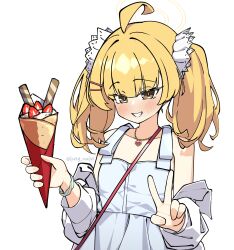  1girl absurdres ahoge alternate_costume blonde_hair blue_archive blush bracelet commentary crepe dress flat_chest food hair_ornament hairclip halo heart heart_necklace highres holding holding_crepe holding_food jacket jacket_partially_removed jewelry long_malin looking_at_viewer necklace simple_background sleeveless sleeveless_dress smile solo twintails twitter_username v yellow_eyes yoshimi_(blue_archive) 