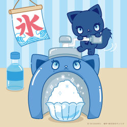  1girl :3 ado_(utaite) adorozatorumary animal_ears artist_request black_ribbon blue_eyes blue_flower bottle cat_ears cat_girl cat_tail chibi chibi_only chibikemo commentary_request flat_color flower food furry furry_female licking_lips looking_at_viewer mole mole_under_eye motion_lines neck_ribbon official_art ribbon sanrio second-party_source shaved_ice solo standing tail tapestry tongue tongue_out translation_request water_bottle waves 