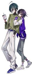  2boys absurdres ahoge belt belt_buckle black_hair black_shirt bubble_tea buckle casual character_print clothes_writing commentary cup danganronpa_(series) danganronpa_v3:_killing_harmony disposable_cup dot_nose drink drinking_straw english_commentary eyelashes full_body green_shirt grey_leggings hair_between_eyes hand_in_pocket hand_on_another's_shoulder happy head_on_another's_shoulder head_rest height_difference highres holding holding_drink jacket kuromi layered_shirt layered_sleeves leggings light_smile long_hair_between_eyes looking_at_another male_focus memeeo0o multiple_boys my_melody_(series) official_alternate_costume oma_kokichi pants parted_lips pochacco print_shirt purple_belt purple_hair purple_jacket purple_shoes purple_socks saihara_shuichi sanrio shirt shoes short_hair simple_background sleeves_past_wrists smile sneakers socks striped_clothes striped_socks sweatpants teeth track_jacket turtleneck turtleneck_shirt two-tone_socks upper_teeth_only vertical-striped_clothes vertical-striped_socks violet_eyes white_background white_pants white_shoes white_sleeves white_socks wide_sleeves yellow_eyes 