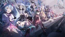  6+girls aimaina alternate_costume anniversary aqua_eyes aqua_hair birthday bitter_choco_decoration_(vocaloid) black_bow black_dress black_hat black_thighhighs bonnodori1 boots bouquet bow branch brown_boots brown_jacket brown_skirt calendar_(object) cherry_blossoms collar collared_shirt copyright_request detached_sleeves doushite-chan dress earrings flag flower fork frilled_collar frills future_eve_(vocaloid) geta ghost_rule_(vocaloid) green_dress green_eyes green_hair greenlights_serenade_(vocaloid) hair_bow hair_flower hair_ornament hana_ni_kaze_(vocaloid) hat hatsune_miku hatsune_miku_(ichi_no_sakura_oka) hatsune_miku_(supreme) highres holding holding_gavel holding_umbrella ima_sugu_rinne_(vocaloid) instrument jacket jewelry jumpsuit knife kochira_koufuku_anshin_iinkai_desu_(vocaloid) lace-up_boots lying magical_mirai_(vocaloid) magical_mirai_miku magical_mirai_miku_(2018) magical_mirai_miku_(2022) melt_(vocaloid) military_hat monitor monitoring_(vocaloid) mousou_zei_(vocaloid) multiple_girls multiple_persona on_back orange_jumpsuit parasol pen piano pink_flower pink_ribbon pink_skirt poster_(object) project_diva_(series) red_bow ren'ai_saiban_(vocaloid) ribbon sailor_collar senbonzakura_(vocaloid) shinkai_shoujo_(vocaloid) shirt sitting skirt sleeveless sleeveless_shirt song_request speaker sticky_note suna_no_wakusei_(vocaloid) synchronizer_(vocaloid) thigh-highs twintails umbrella upside-down vampire_(vocaloid) vocaloid white_shirt world_is_mine_(vocaloid) youtube 