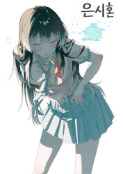  1girl absurdres aqua_necktie aqua_skirt black_hair blush breasts closed_eyes collared_shirt commentary_request cowboy_shot double-parted_bangs dressing grid_print hair_ribbon highres korean_commentary korean_text leaning_forward long_hair miniskirt mouth_hold multicolored_hair necktie original pink_ribbon pleated_skirt purucon ribbon school_uniform shirt short_sleeves sidelighting simple_background skirt solo standing straight_hair streaked_hair translation_request unmoving_pattern white_background white_shirt white_streaks 