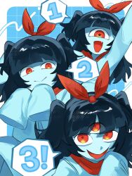  1girl :> :d aqua_(deltarune) aqua_background aqua_dress aqua_skin arms_up black_hair border bow colored_skin commentary counting cropped_legs cyclops deltarune dress english_commentary evil_smile extra_eyes fang grid_background hair_bow highres ika_nomakin long_hair looking_at_viewer one-eyed parted_lips red_bow red_pupils red_scarf scarf side_ponytail sleeves_past_fingers sleeves_past_wrists smile solo third_eye twintails utdr_(toby_fox) white_border 