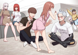  2boys 5girls absurdres anis_(nikke) bag baseball_cap black_pants black_shirt blonde_hair blue_eyes blue_shorts blush breasts brown_hair brown_shirt cecil_(nikke) ceiling closed_eyes closed_mouth commander_(nikke) commentary couch counters_(nikke) english_text glasses goddess_of_victory:_nikke hat highres hood hoodie johan_(nikke) jusedal makeup multiple_boys multiple_girls neon_(nikke) only_one_(nikke) open_mouth pants pink_shirt pink_shorts plastic_bag pregnant rapi_(nikke) rapi_(red_hood)_(nikke) red_eyes red_hair shirt shorts socks white_hair white_shirt white_socks yellow_hoodie 