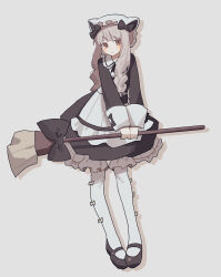  1girl absurdres apron black_bow bow broom brown_eyes closed_mouth commentary_request hair_ornament highres holding holding_broom long_hair magical_girl mahou_shoujo_ikusei_keikaku mahou_shoujo_ikusei_keikaku_restart maid nokko-chan pantyhose rfo_2011 shoes white_apron white_hair white_pantyhose 