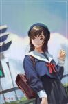  1girl bag bangs black_eyes black_hair clouds dated handbag hat highres hong long_hair looking_away open_mouth original school_uniform skirt sky smile solo standing upper_body 