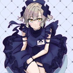  1girl absurdres black_bow black_dress black_gloves bow commentary dress frilled_skirt frills gloves grey_hair hair_ornament hat highres looking_at_viewer magical_girl mahou_shoujo_ikusei_keikaku mahou_shoujo_ikusei_keikaku_restart malu_661 nurse_cap pfle short_hair skirt untranslatable_commentary x_hair_ornament yellow_eyes 