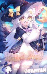  1girl 39s :d absurdres animal_ear_fluff animal_ears black-framed_eyewear black_capelet black_thighhighs book bow bowtie capelet cat_ears cat_girl commentary_request cowboy_shot crescent crescent_hair_ornament double-parted_bangs dress frilled_dress frills glasses hair_between_eyes hair_ornament hat hat_bow highres holding holding_book holding_wand long_sleeves open_mouth original purple_bow purple_bowtie round_eyewear short_dress smile solo star_(symbol) star_hair_ornament thigh-highs wand white_dress witch_hat yellow_eyes zettai_ryouiki 