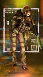  1girl armor backpack bag blush boots camouflage chainsaw_man chromatic_aberration explosive full_body fyugins_png gloves green_eyes gun hat highres holding holding_gun holding_weapon knee_pads looking_at_viewer military military_hat military_uniform pouch propaganda purple_hair reze_(chainsaw_man) rocket_launcher rpg-7 rpg_(weapon) russian_ground_forces russo-ukrainian_war smile solo standing wagner_group weapon weapon_request 