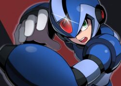  1boy absurdres arm_cannon blue_helmet commentary forehead_jewel glint green_eyes helmet highres male_focus mega_man_(series) mega_man_x_(series) red_background shoyu-z solo weapon x_(mega_man) 