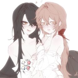  2girls black_hair censored degrees_of_lewdity eyelashes multiple_girls nude pink_hair red_ribbon ribbon shirt sydney_(degrees_of_lewdity) sydney_(female)_(degrees_of_lewdity) white_shirt yellow_eyes yuri 