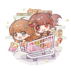  1boy 2girls ahoge aqua_bow aqua_bowtie black_cardigan black_skirt black_thighhighs blue_eyes blue_skirt bottle bow bowtie broken_heart brown_hair cardigan chibi chibi_only chips_(food) commentary commission cookie_jar english_commentary evil_neuro-sama evil_neuro-sama_(1st_costume) food from_side groceries hair_ornament hair_ribbon heart heart_hair_ornament highres in_shopping_cart leafthreet light_blush long_hair long_sleeves looking_at_viewer multiple_girls neuro-sama neuro-sama_(1st_costume) open_mouth pleated_skirt red_eyes red_ribbon ribbon shopping_cart siblings sisters sitting skirt smile soda_bottle standing thigh-highs turtle twins two_side_up vedal987 vedal_ai virtual_youtuber yellow_cardigan 