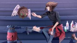  absurdres angel_wings bag black_shirt bottle brown_hair cake cake_slice collared_shirt commentary_request denim duel_monster food fork fruit happy highres holding holding_fork jeans nyan_runrun pants pharaoh_(cat) shirt shopping_bag spiky_hair strawberry strawberry_cake water_bottle winged_kuriboh wings yu-gi-oh! yu-gi-oh!_gx yuki_judai 