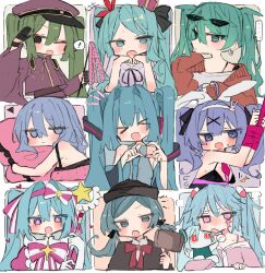  ... 6+girls @_@ aimaina alternate_costume animal_ears aqua_eyes aqua_hair aqua_necktie aqua_trim black_leotard black_sleeves blue_eyes blue_hair bow bow_hairband bowtie commentary_request crown detached_sleeves dress eyewear_on_head facial_mark facial_tattoo fake_animal_ears feathers green_hair grey_shirt hair_ornament hairband hatsune_miku hatsune_miku_(high_fever) hatsune_miku_(ichi_no_sakura_oka) hatsune_miku_(judgment) hatsune_miku_(supreme) headset highres holding holding_staff holding_wand hugging_object ima_sugu_rinne_(vocaloid) judge lace_trim leotard long_hair mage_staff magical_girl mini_crown multiple_girls multiple_persona necktie official_alternate_costume pajamas pill pill_hair_ornament pillow pink_bow pink_bowtie pink_dress pink_eyes pink_hairband pink_pajamas pink_shirt playboy_bunny rabbit_hole_(vocaloid) red_feathers ren'ai_saiban_(vocaloid) romeo_to_cinderella_(vocaloid) senbonzakura_(vocaloid) shirt sleeveless sleeveless_shirt slow_motion_(vocaloid) songover speech_bubble staff star-shaped_pupils star_(symbol) star_wand striped_bow striped_bowtie striped_clothes suima_(z50eu) suna_no_wakusei_(vocaloid) sunglasses symbol-shaped_pupils tattoo teardrop_facial_mark twintails two-tone_bow very_long_hair vocaloid wand world_is_mine_(vocaloid) x_hair_ornament 