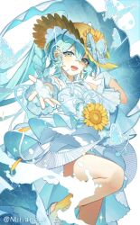  1girl absurdres aqua_eyes aqua_gloves aqua_hair bug butterfly commentary detached_sleeves dress eighth_note eyelashes fingerless_gloves flower frilled_dress frilled_skirt frills gloves hair_between_eyes hat hatsune_miku highres long_hair looking_at_viewer magical_mirai_(vocaloid) magical_mirai_miku magical_mirai_miku_(2026) musical_note neck_ribbon open_mouth outstretched_arm reaching reaching_towards_viewer ribbon sidelocks skirt solo straw_hat sunflower teeth treble_clef twintails twitter_username vocaloid white_background yuuki_mihane 