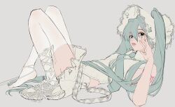  aqua_hair aqua_nails aqua_necktie black_eyes bonnet collared_shirt hair_between_eyes hatsune_miku highres long_hair lying necktie shirt shoelaces shoes single_shoe single_sock sleeveless sleeveless_shirt sneakers socks strap tami_moon thigh-highs twintails very_long_hair vocaloid white_shirt white_shoes white_socks 
