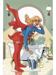  1girl animal artist_collaboration bathroom bathtub blonde_hair blue_eyes blue_shirt boots cape dc_comics dog gold_trim highres holding holding_brush indoors krypto_the_superdog long_hair looking_at_viewer official_art open_mouth pillarboxed rachel_dodson red_boots red_cape red_skirt shirt skirt solo supergirl superman_(series) teeth terry_dodson thigh_boots upper_teeth_only white_dog 