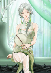  1girl \||/ absurdres alternate_costume bamboo bamboo_forest bare_shoulders cleavage_cutout closed_eyes clothing_cutout dress du_ruo_(path_to_nowhere) earrings forest gem green_dress green_gem grey_hair hand_fan highres hikaru_adilla jade_bracelet jewelry middle_part nature orange_nails parted_lips path_to_nowhere pearl_belt red_lips see-through_clothes see-through_skirt side_ponytail skirt white_skirt 