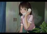  1girl bangs bob_cut brown_hair corded_phone green_eyes highres holding kgt_(pixiv12957613) mole mole_under_eye original parted_lips phone pink_shirt scenery shirt short_hair smile solo talking_on_phone 