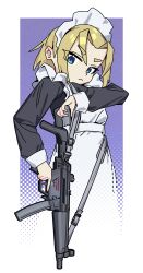  1girl absurdres apron blonde_hair blue_eyes closed_mouth commentary gun gun_sling h&amp;k_mp5 highres maid maid_headdress original pilot_webber purple_background simple_background solo submachine_gun trigger_discipline two-tone_background weapon white_apron white_background white_headdress 