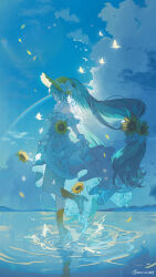  1girl :d absurdly_long_hair absurdres aqua_hair arm_garter artist_name blue_sky boots bow bowtie bug butterfly butterfly_hair_ornament butterfly_hat_ornament butterfly_wings caustics closed_eyes clouds cloudy_sky commentary_request day dress falling_petals fingerless_gloves floating_hair flower frilled_dress frills from_side full_body gloves glowing gradient_boots hair_flower hair_ornament hat hat_flower hat_ornament hatsune_miku high-low_dress high_heel_boots high_heels highres holding_own_dress insect_wings lace-up_boots long_hair low-tied_long_hair magical_mirai_(vocaloid) magical_mirai_miku magical_mirai_miku_(2026) mountainous_horizon omutatsu open-toe_boots open_mouth outdoors petals rainbow ripples sky sleeveless sleeveless_dress smile solo splashing standing standing_on_liquid standing_on_one_leg sunflower tiptoes twintails twitter_username very_long_hair vocaloid water water_drop white_boots white_bow white_bowtie white_butterfly white_dress white_gloves white_wings wings yellow_boots yellow_flower yellow_hat 
