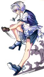  1girl apron brown_gloves commentary_request dust gloves grey_hair holding holding_knife holding_weapon izayoi_sakuya knife legs maid maid_apron red_eyes short_hair short_sleeves simple_background sleeveless socks solo touhou twintails weapon white_background white_socks yukkuri176978 
