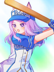  1girl animal_ears baseball_(sport) baseball_bat baseball_jersey baseball_uniform blue_gloves blush ears_through_headwear gloves highres holding holding_baseball_bat horse_ears horse_girl jersey long_hair loska mejiro_mcqueen_(umamusume) open_mouth purple_hair solo sportswear sweatdrop swinging_baseball_bat umamusume violet_eyes 