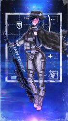  1girl aircraft black_sky blue_eyes blue_hair blue_sky bolt_action cape chainsaw_man cigarette full_body fyugins_png gun hat highres himeno_(chainsaw_man) holding holding_cigarette holding_gun holding_weapon knee_pads malorussian_liberation_army malorussian_liberation_army_flag military military_hat military_uniform propaganda remington_model_700 rifle russo-ukrainian_war scope sky smoking sniper_rifle solo space weapon 