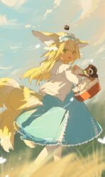  1girl :d animal_ears arknights basket blonde_hair blue_hairband blue_skirt clouds commentary creature day english_commentary frilled_hairband frills green_eyes hairband heixiu highres holding holding_basket light_blush light_particles light_trail long_hair long_sleeves looking_at_viewer luo_xiaohei luo_xiaohei_(cat) multiple_tails official_alternate_costume open_mouth outdoors shirt sketch skirt smile solo standing suzuran_(arknights) suzuran_(spring_praise)_(arknights) tail teeth the_legend_of_luo_xiaohei upper_teeth_only white_shirt yellow_tail zlx 